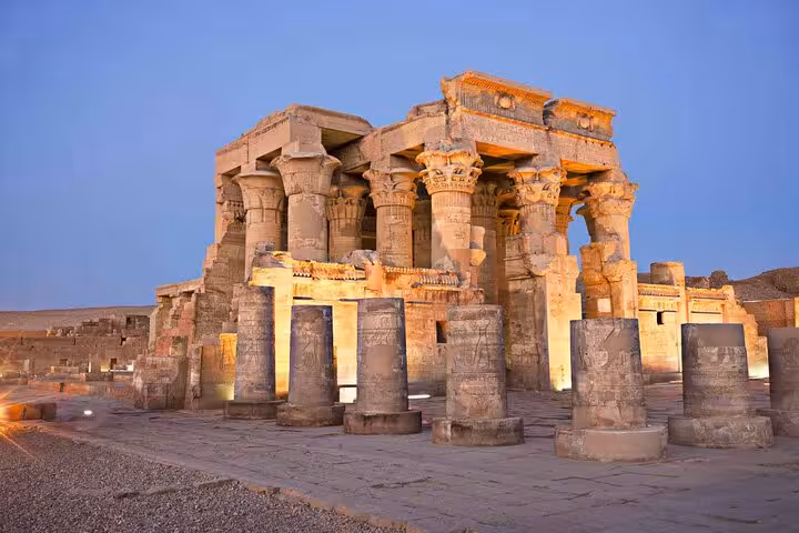 Philae Temple at dusk in Aswan, Egypt, on Luxor to Abu Simbel overnight tour with Aswan sightseeing