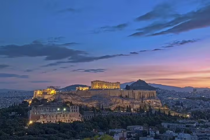 Athens Acropolis at sunset, ideal view for Piraeus port to Athens Airport private transfer service