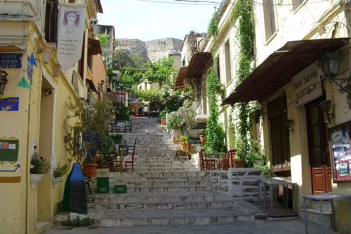 Charming Plaka staircase street in Athens old town, a stop on Best of Athens and Cape Sounio private tour