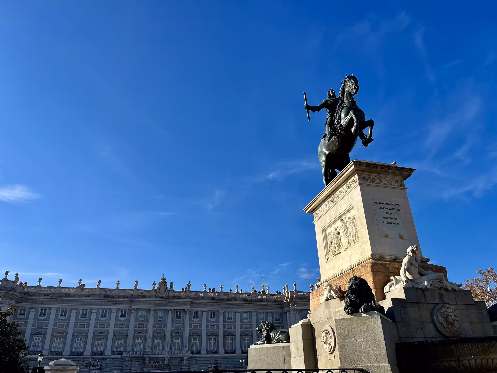 Plaza de Oriente Madrid equestrian statue by Royal Palace, key landmark on Legends The Home of Football tour