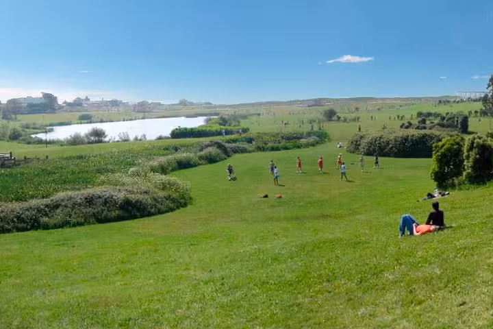 People enjoy leisure activities on lush green fields by a river in Porto, suitable for a bike tour stop.