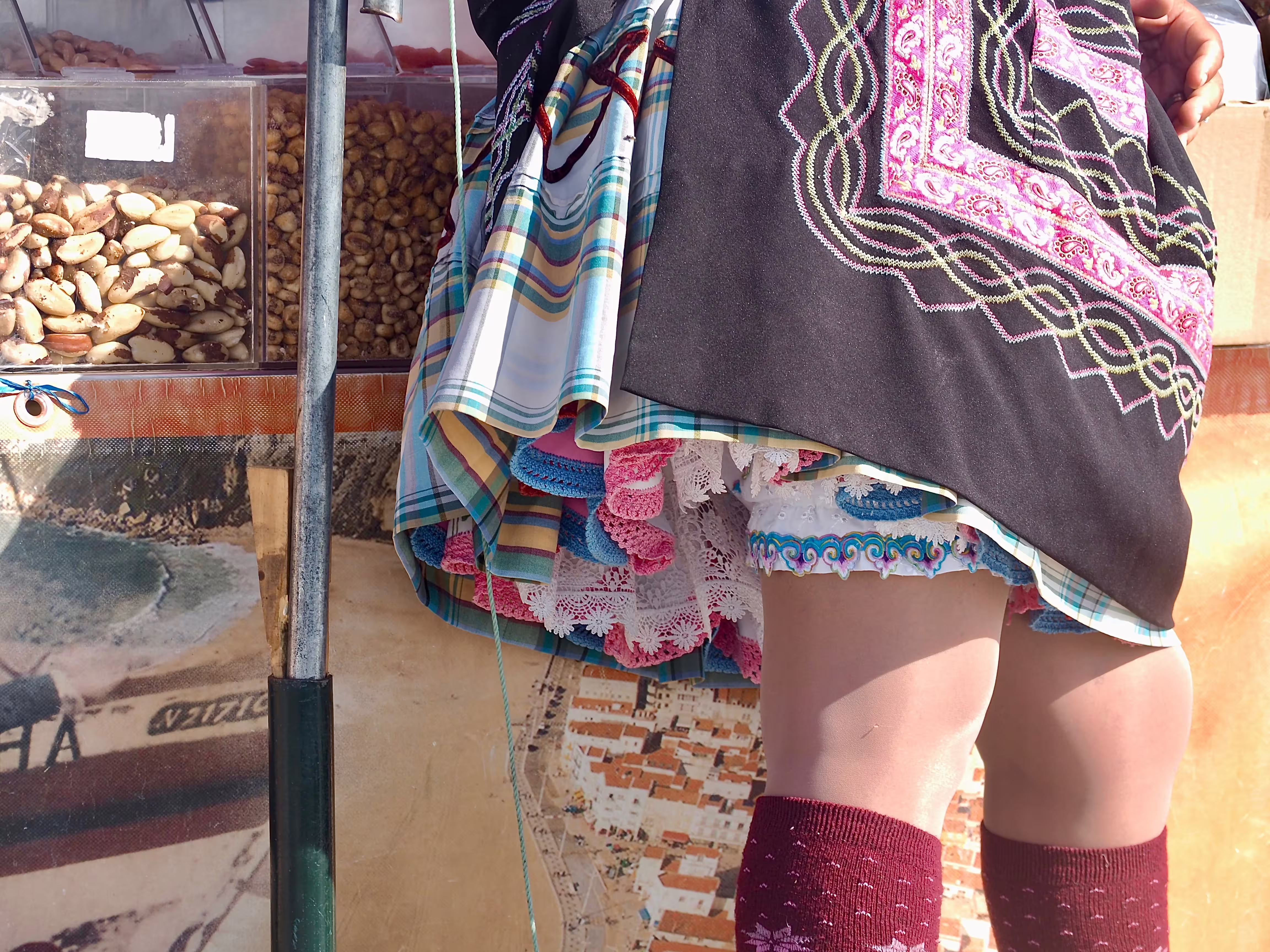 Traditional Portuguese attire with colorful embroidery and lace, showcasing cultural heritage on a Nazaré and Alcobaça tour.