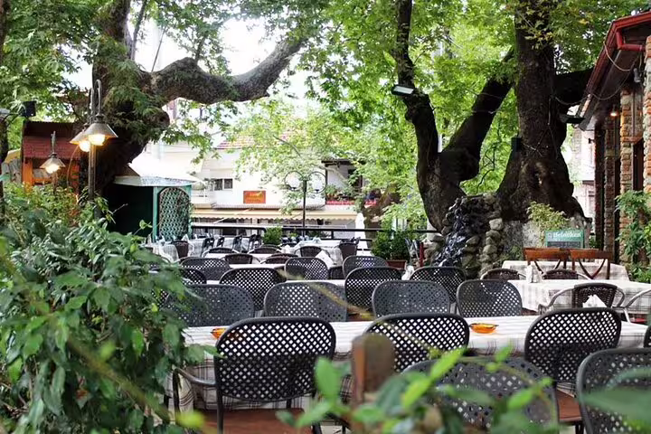 Traditional village taverna terrace near Pozar Hot Baths, ideal lunch stop on a Thessaloniki private tour