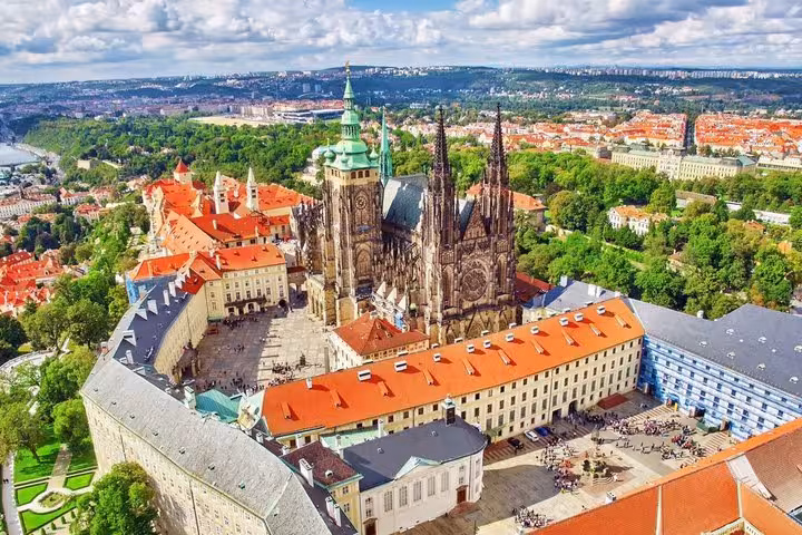 Aerial view of Prague Castle and St Vitus Cathedral, destination on Vienna to Prague private transfer via Cesky Krumlov