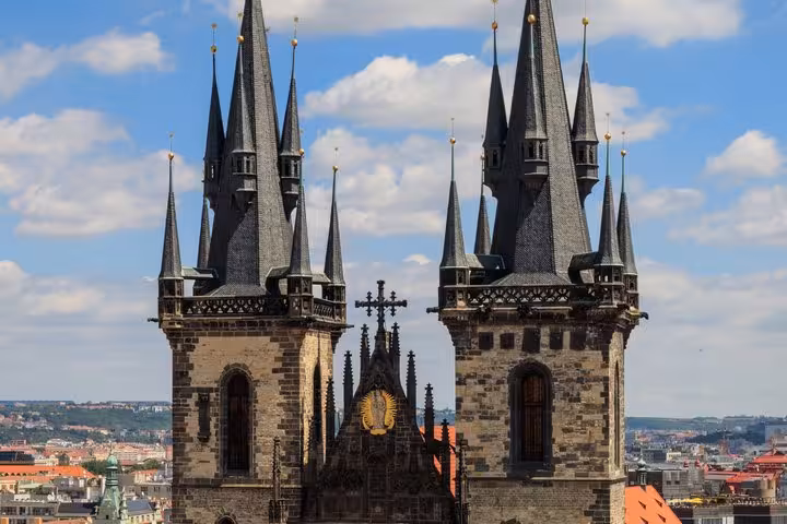 Gothic spires of Prague Old Town Bridge Tower, highlight on Vienna to Prague transfer via Cesky Krumlov