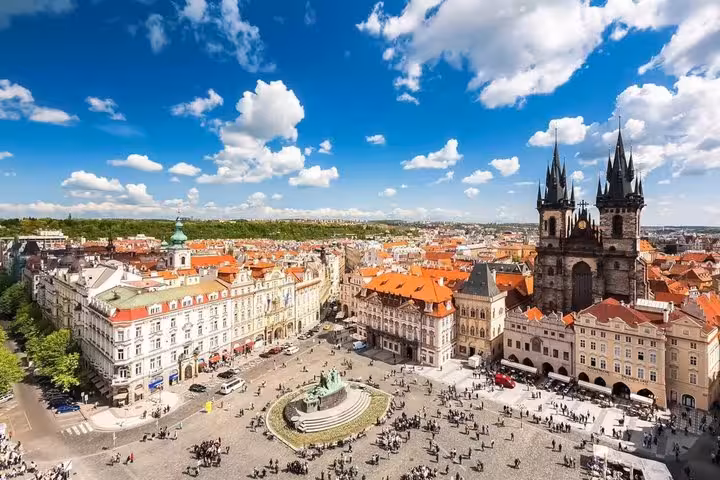 Prague Old Town Square panorama with Tyn Church, highlight after Vienna to Prague private transfer with Cesky Krumlov
