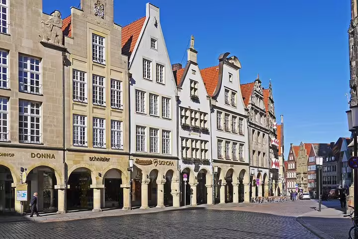 Historic Prinzipalmarkt Münster arcades and gabled houses, a key stop on the self-guided e-scavenger hunt