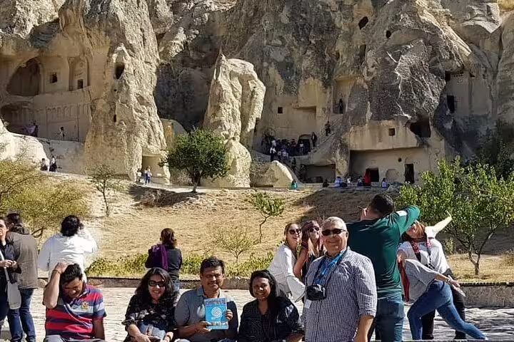 Tourists enjoying the ancient rock formations of Cappadocia on the BEST-SELLER Private Cappadocia Tour.