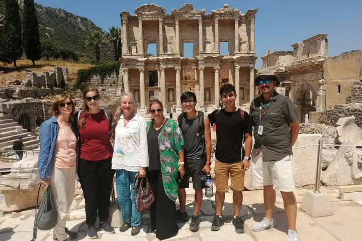 Private Ephesus tour group photo at Library of Celsus ruins, panoramic Ephesus and surroundings excursion