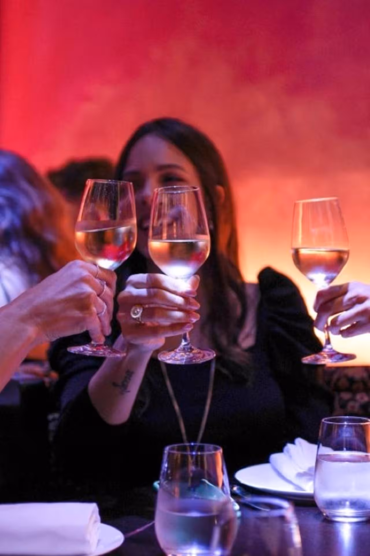 Guests toasting with wine glasses in a warm ambiance, celebrating a memorable private flamenco show evening.