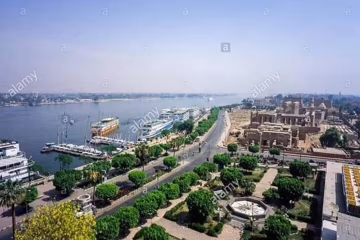 Aerial view of Nile River cruise ships docked near Luxor corniche, 7 days 6 nights private cruise
