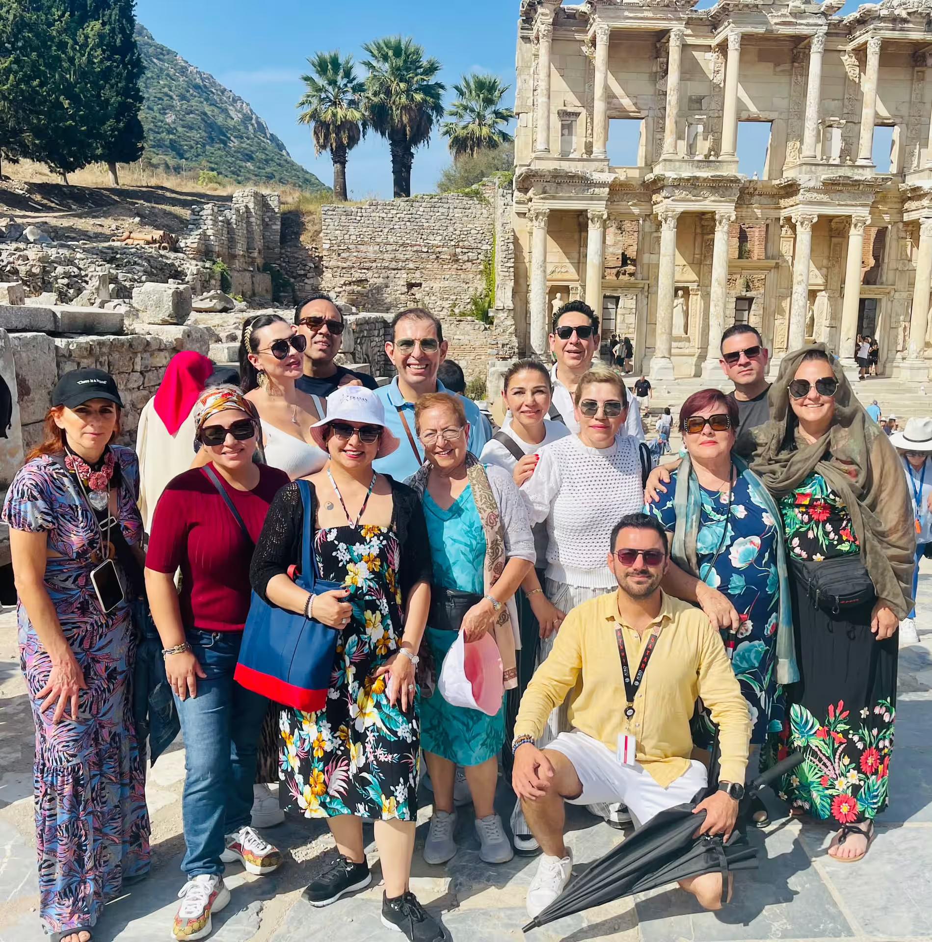 Private panoramic Ephesus & surroundings tour group in front of the Library of Celsus, ancient Ephesus
