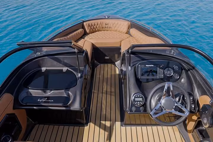 Luxury private speedboat deck on the Red Sea, comfortable ride for Magawish Island snorkeling from Hurghada