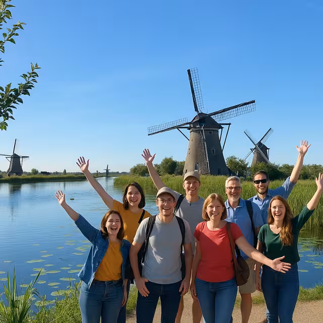 Happy group at Kinderdijk windmills on a private Rotterdam to Amsterdam day tour, Netherlands highlights