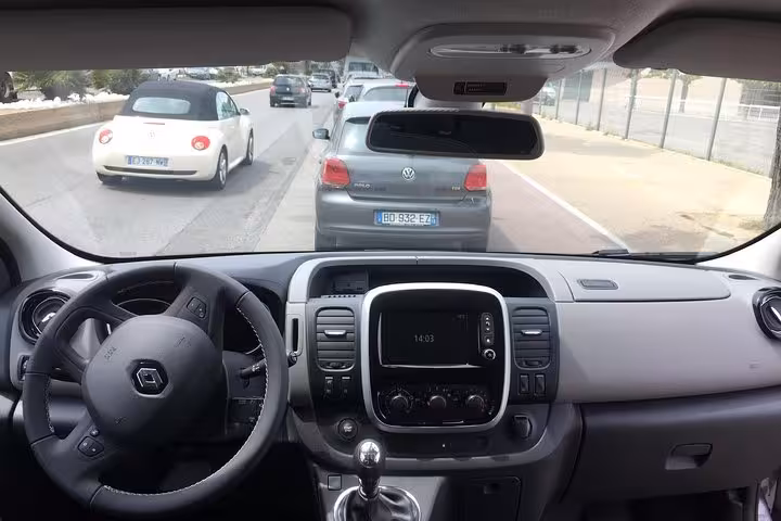 Interior view of private Marseille to Avignon transfer van, modern dashboard and spacious seating for travelers