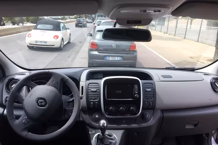 Interior view from driver seat of private transfer van on route from Marseille to Nice, Provence to Côte d’Azur