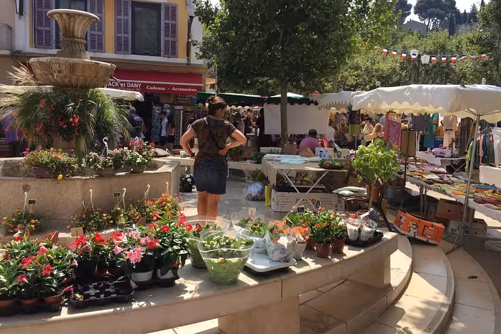 Provençal market by a stone fountain with flowers and local produce, part of heritage and gastronomy tour