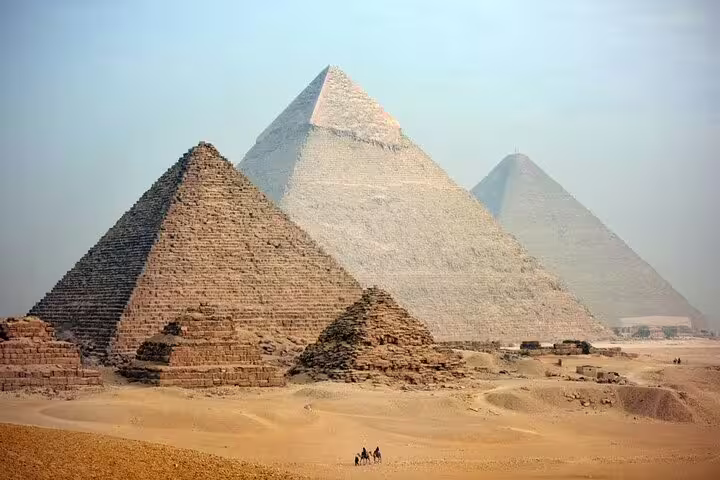 Wide view of the Pyramids of Giza in Cairo, classic stop on Egyptian Museum and Christian Cairo guided tour