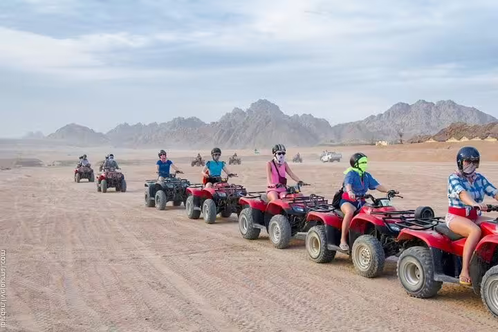 Group riding quad bikes across Sinai Desert on double ATV safari tour from Sharm El Sheikh, Egypt