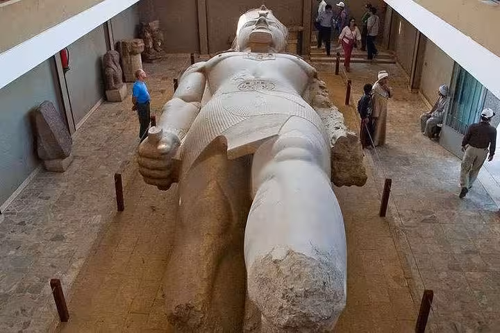 Top view of the giant Ramses II statue inside Memphis museum, included in Dahshur Saqqara day tour