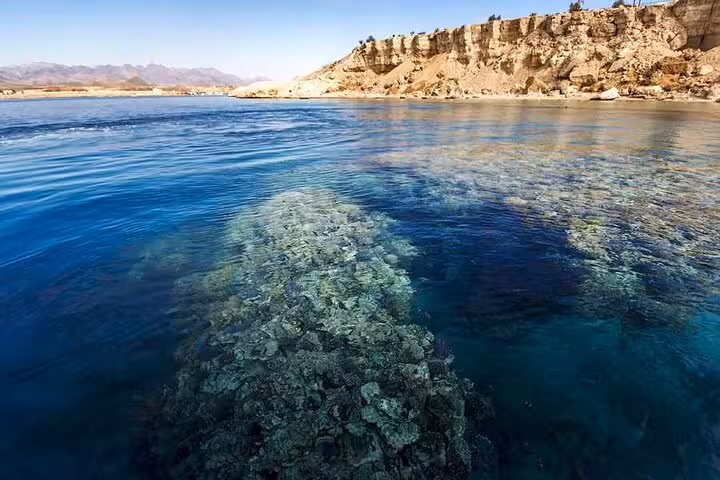 Shallow coral reef lagoon at Ras Mohamed, Red Sea snorkeling cruise from Sharm El Sheikh to White Island
