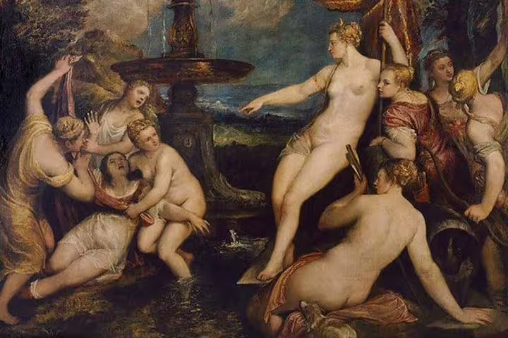 Renaissance painting depicting mythological women by a fountain, showcasing classical beauty at the Art History Museum tour.