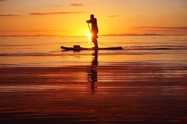 Silhouette of a paddle boarder on calm waters at sunset during a Reykjavik tour, highlighting Iceland's stunning coastal beauty.