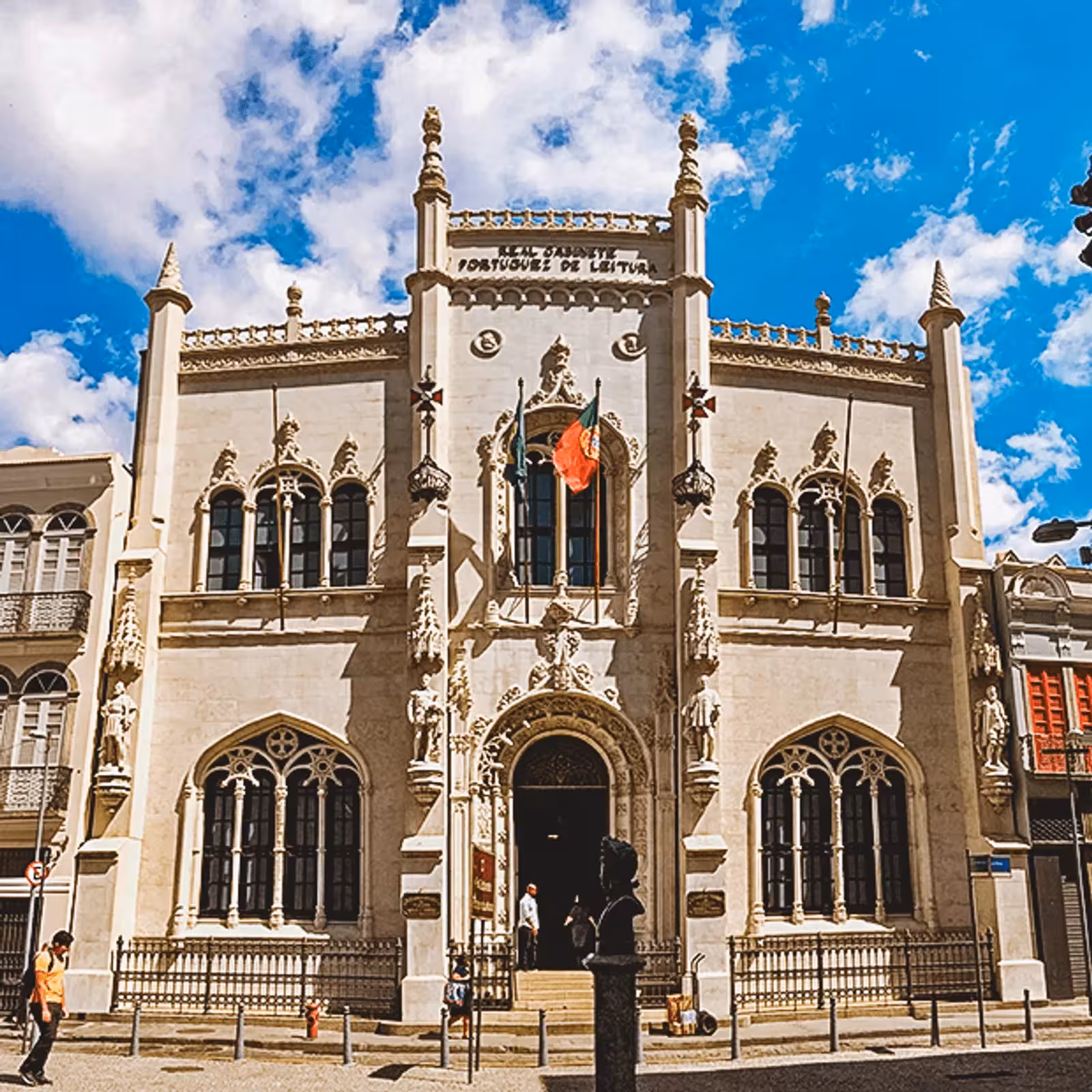 Stunning facade of Rio de Janeiro's Real Gabinete Português de Leitura, showcasing intricate neo-Manueline architecture.