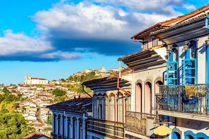 Scenic view of colonial architecture and distant hills in Minas Gerais along the historic Gold Route.