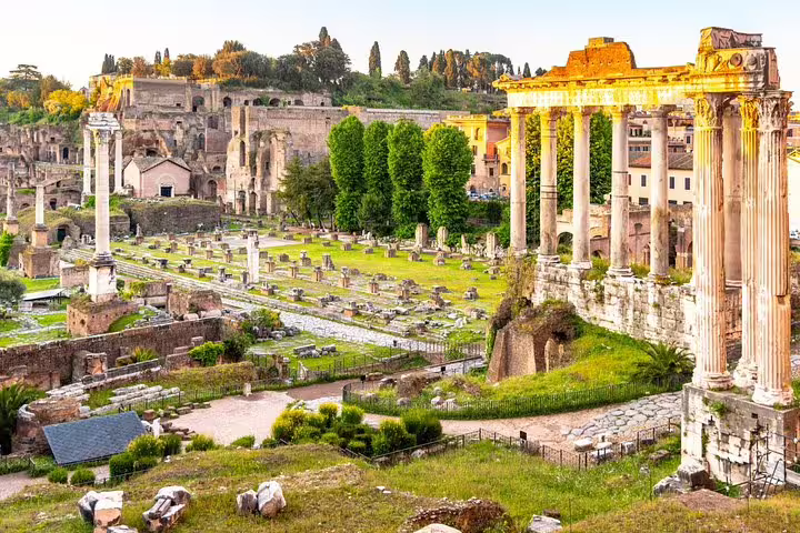 Golden hour view of Roman Forum temples, columns and green ruins visited on a Rome Colosseum Arena and Forum private guided tour