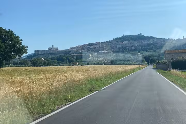 Scenic road leading to the historic hilltop town of Assisi on a day tour from Rome, surrounded by lush countryside.