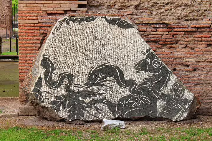 Ancient black and white animal mosaic fragment at the Baths of Caracalla on a Rome private Colosseum and Circus Maximus tour