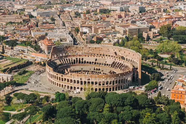 Aerial view of Rome’s Colosseum near the Roman Forum and Palatine Hill, fast-track entrance pass