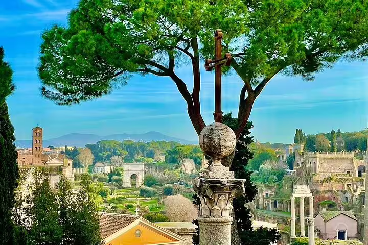 Panoramic view over the Roman Forum ruins and Arch of Titus from a hilltop terrace on a Rome two days private chauffeured tour