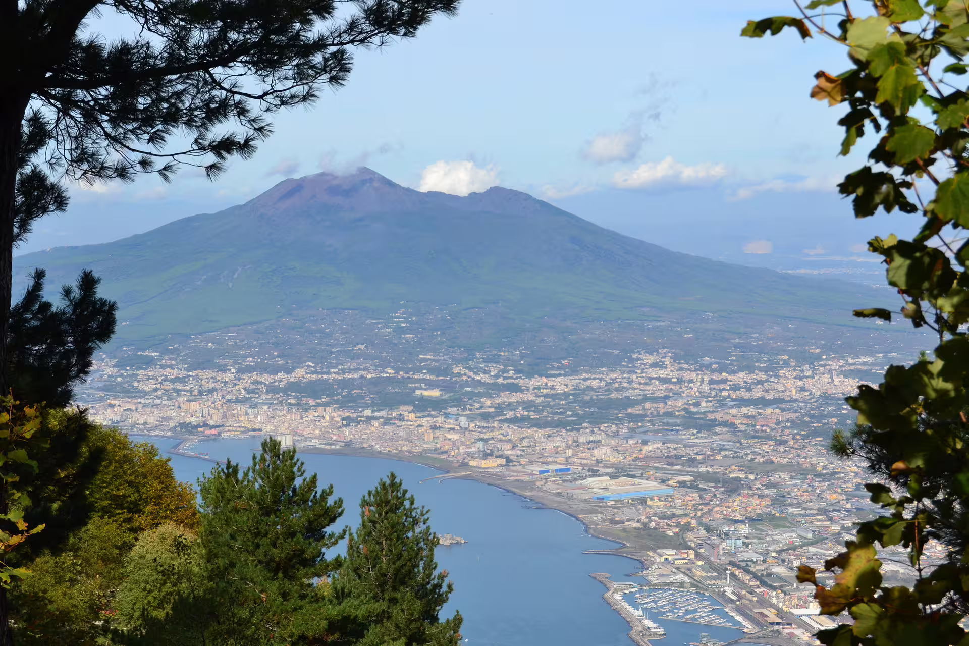 Aerial view of Bay of Naples and Mount Vesuvius seen during scenic private transfer route from Rome to Naples