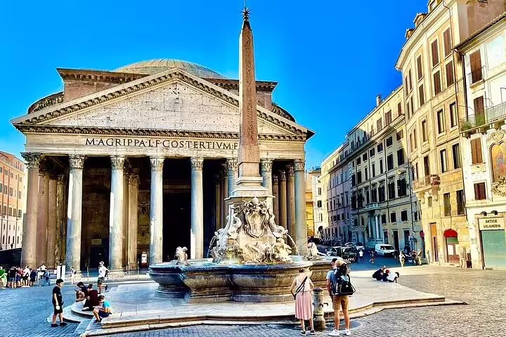 Pantheon and Fontana del Pantheon in Piazza della Rotonda on a sunny day, featured on Rome two days private chauffeured tour
