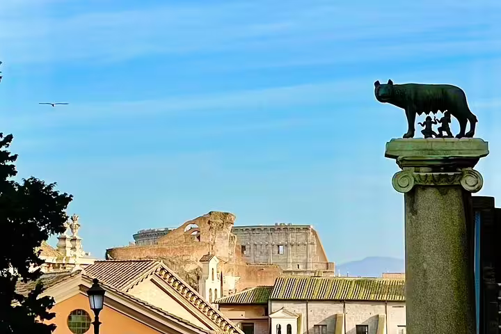 Capitoline Wolf statue overlooking the Roman Forum and Colosseum on a private chauffeured sightseeing tour of Rome