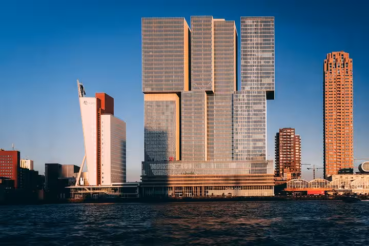 Rotterdam skyline with De Rotterdam towers on the Maas River, private transfer from Amsterdam or Schiphol Airport