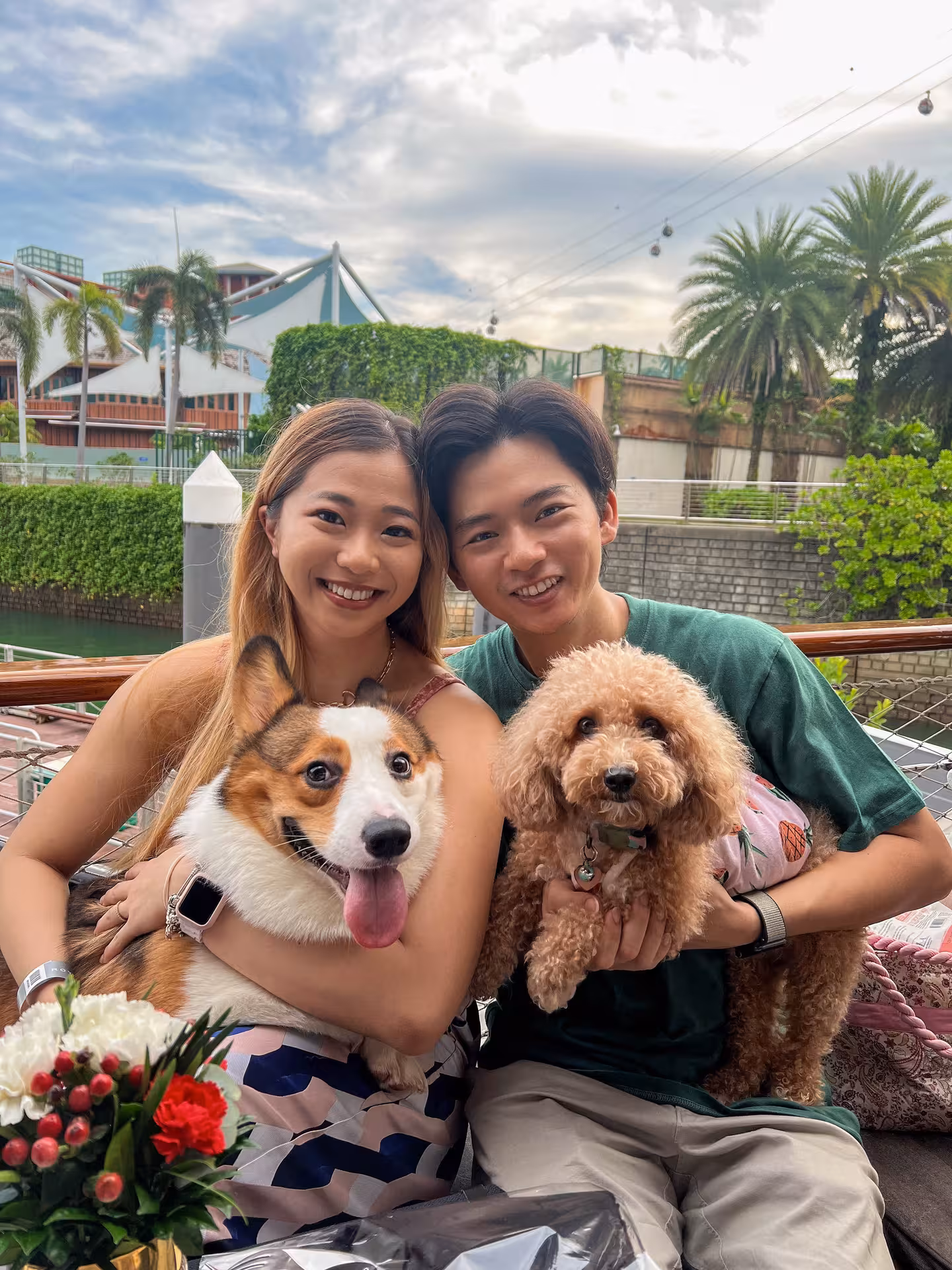 Guests enjoying a dog-friendly breakfast cruise on the Royal Albatross, with a scenic harbor view and buffet spread.