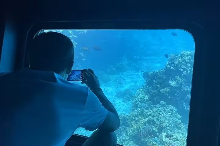 Guest photographing Red Sea coral reef through Royal Seascope submarine window on Makadi Bay snorkeling tour