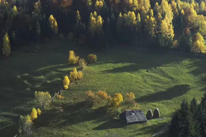 Aerial view of green mountain meadow with rustic cabin and autumn trees in rural Romania