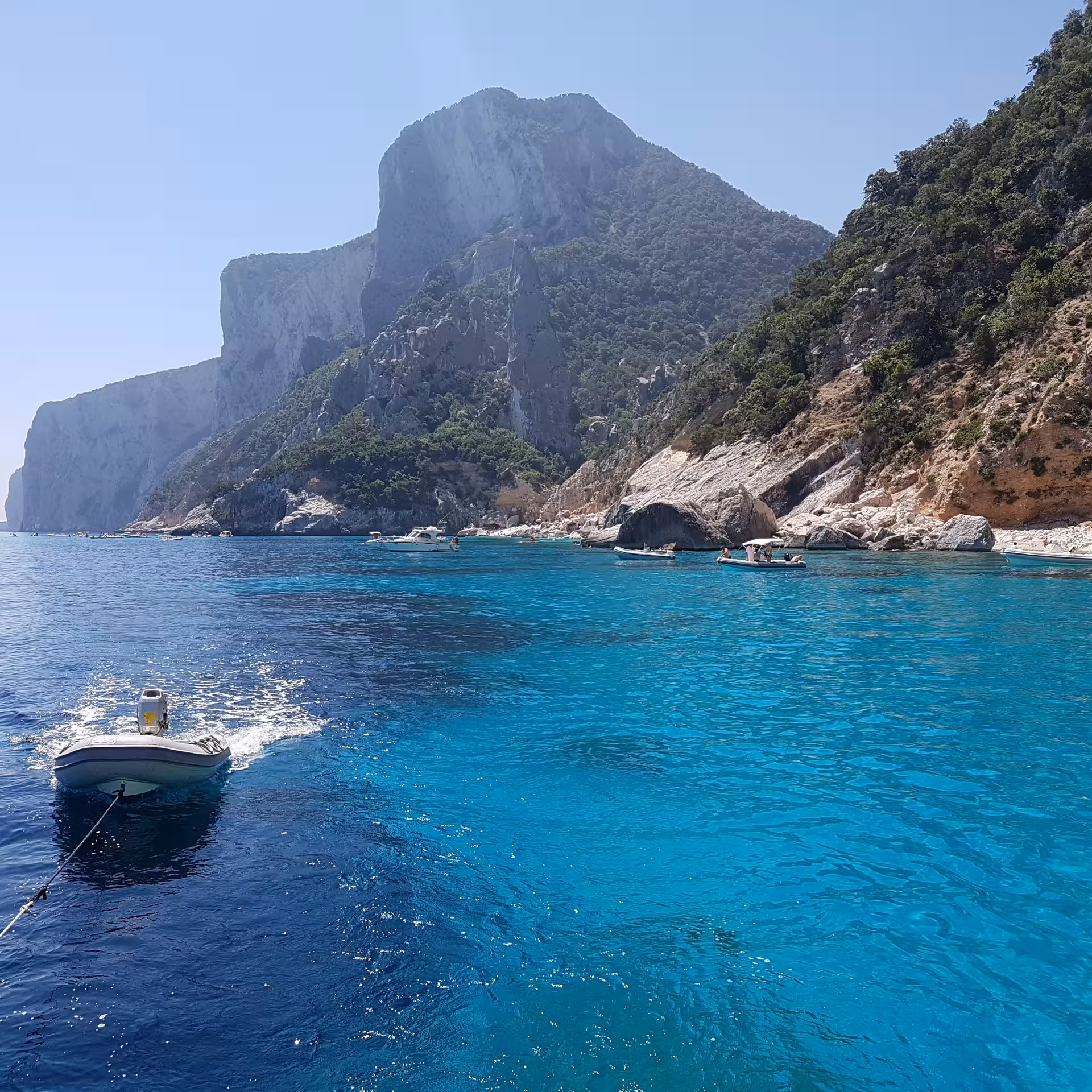 Sailboat cruising through the vibrant blue waters of the Gulf of Orosei with majestic cliffs in the background.