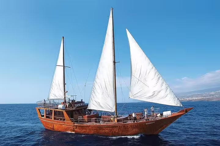 Rustic sailing boat with white sails cruising the deep blue sea, ideal for Masca and Los Gigantes tours.