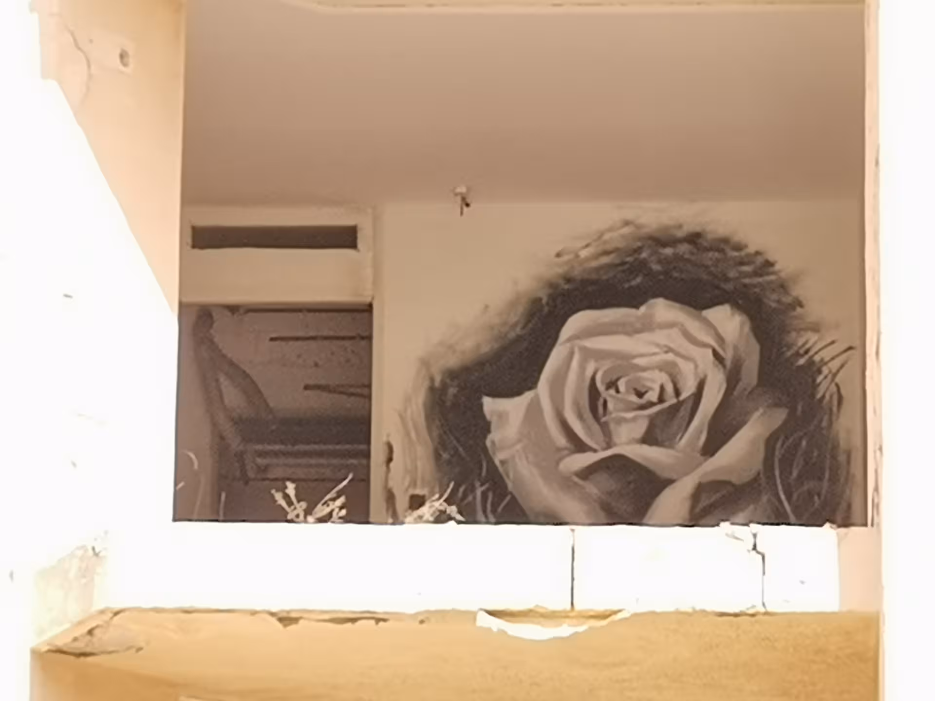 Grayscale rose graffiti inside an abandoned building stop on the St Paul’s Bay hiking tour with local picnic