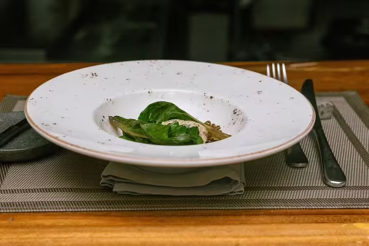 Elegant farm-to-table dish served on a white plate, showcasing fresh green leaves, part of San Jose By Night tour dinner.