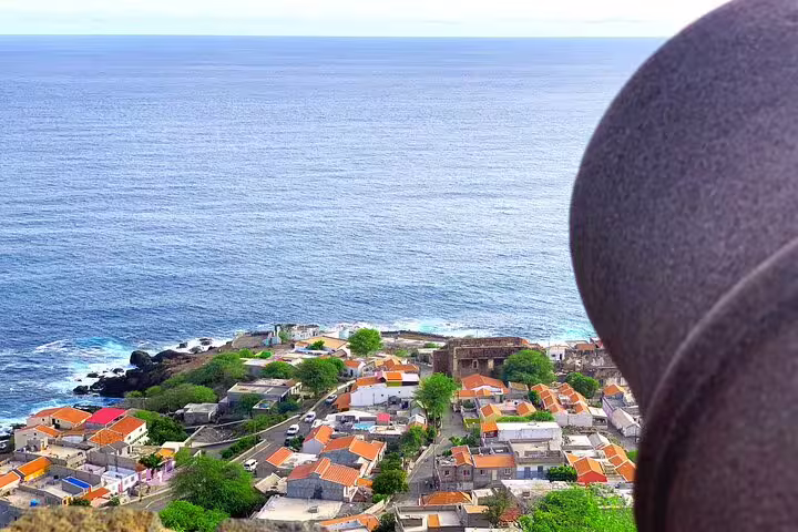 View over Cidade Velha rooftops and Atlantic Ocean from Santiago Island, highlight of the Calabaceira Valley guided hike