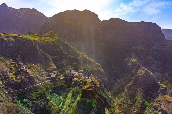 Picturesque mountain village with terraced hills and rugged peaks on the Fontainhas hiking trail in Santo Antão.
