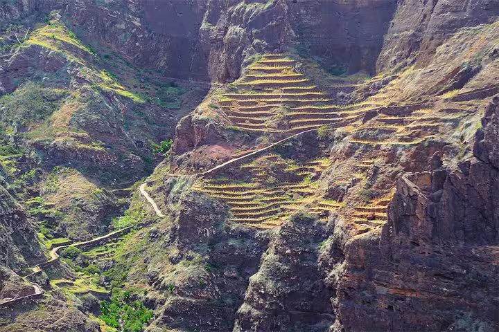 Stunning terraced landscapes of Fontainhas showcasing intricate patterns on the Santo Antão hiking route.