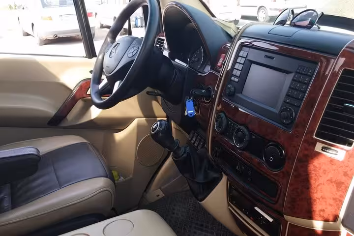 Premium Mercedes van interior for Santorini private 3-day tour, comfortable transfer seating and dashboard view