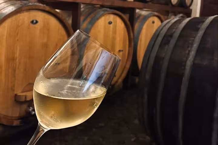 Chilled Santorini white wine glass in cellar with oak barrels on a private winery tasting tour